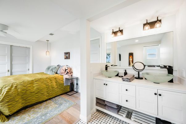 Bathroom, Bedroom, Dual Sink Vanities, Interior, Pendant Lights, Wood Texture Flooring