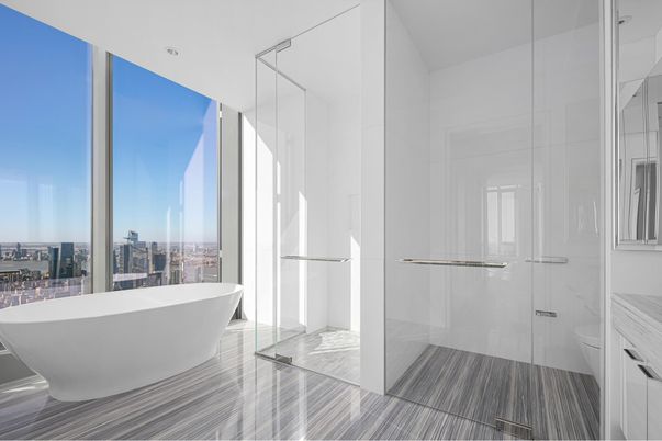 Bathroom, Free Standing Baths, Glass Shower, Interior, Recessed Lighting