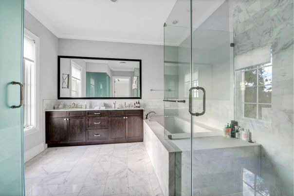 Bathroom, Dual Sink Vanities, Glass Shower, Interior, Marble, Marble Walls