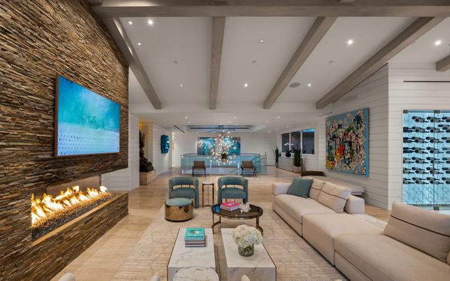 Dining room, Fireplace, Interior, Living room, Recessed Lighting, Stone Walls, Wooden Beams, Wood Texture Flooring