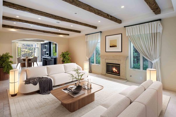 Dining room, Fireplace, Interior, Living room, Recessed Lighting, Wooden Beams