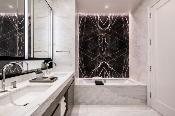 Bathroom, Dual Sink Vanities, Interior, Marble, Marble Walls, Recessed Lighting