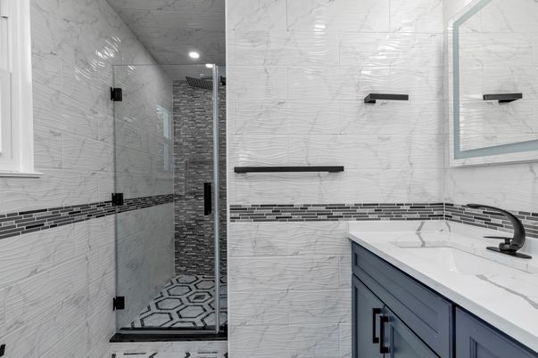 Bathroom, Glass Shower, Interior, Marble Walls, Recessed Lighting
