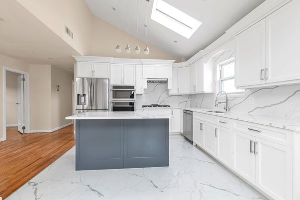 Interior, Kitchen, Marble, Marble Walls, Pendant Lights, Stainless Steel Appliances