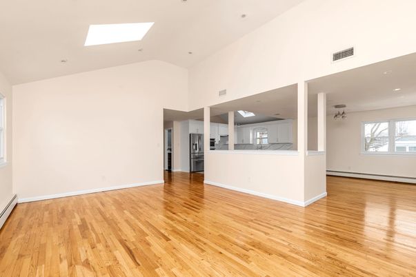 Empty room, Interior, Kitchen, Recessed Lighting, Wood Texture Flooring