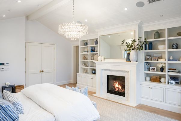 Bedroom, Chandelier, Fireplace, Interior, Recessed Lighting, Wood Texture Flooring