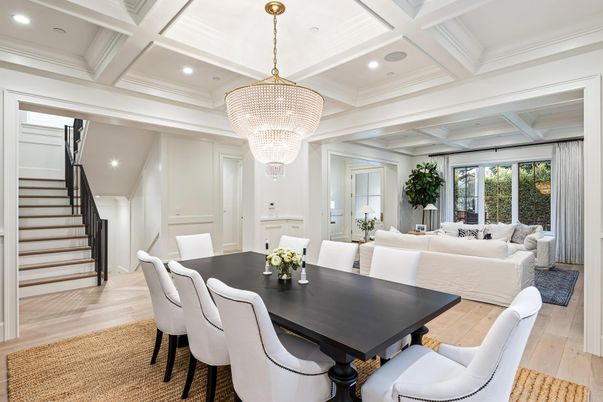 Chandelier, Dining room, Interior, Living room, Recessed Lighting, Wood Texture Flooring