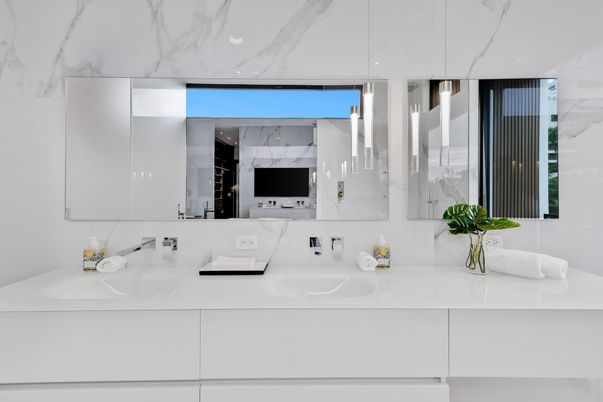 Bathroom, Dual Sink Vanities, Interior, Marble Walls, Pendant Lights