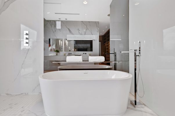 Bathroom, Free Standing Baths, Interior, Marble, Marble Walls, Recessed Lighting