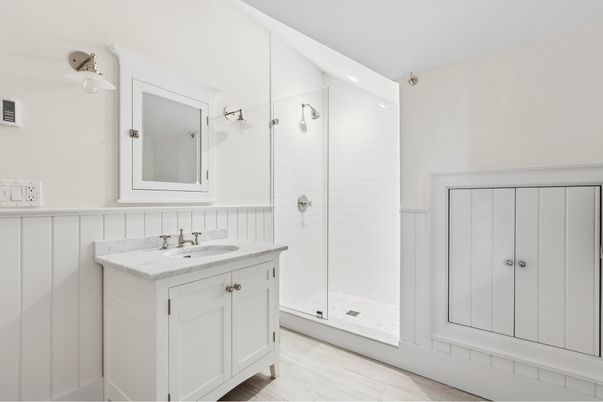 Bathroom, Glass Shower, Interior, Wood Texture Flooring