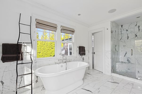 Bathroom, Free Standing Baths, Glass Shower, Interior, Marble, Marble Walls, Recessed Lighting