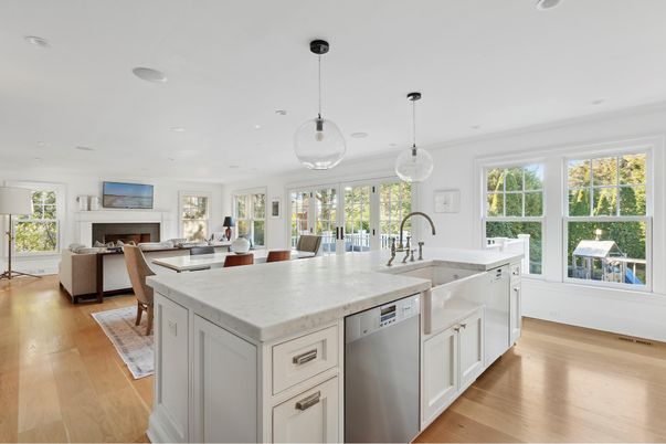 Dining room, Fireplace, Interior, Kitchen, Living room, Pendant Lights, Recessed Lighting, Stainless Steel Appliances, Wood Texture Flooring