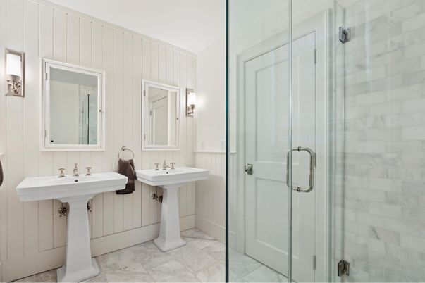 Bathroom, Dual Sink Vanities, Glass Shower, Interior, Marble