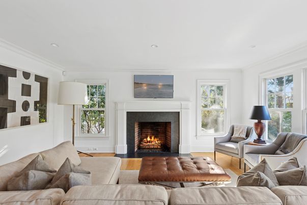 Fireplace, Interior, Living room, Recessed Lighting, Wood Texture Flooring