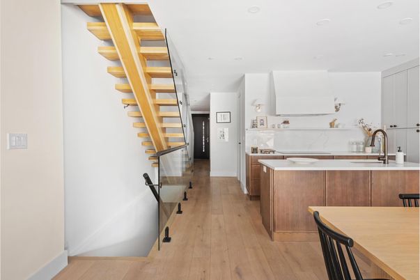 Interior, Kitchen, Marble Walls, Recessed Lighting, Wood Texture Flooring