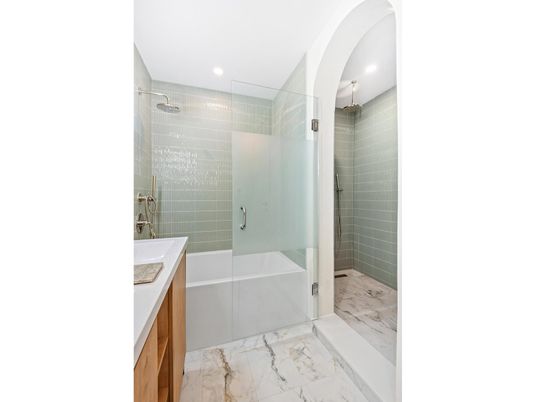 Bathroom, Glass Shower, Interior, Marble, Recessed Lighting