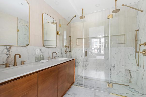 Bathroom, Dual Sink Vanities, Glass Shower, Interior, Marble, Marble Walls, Recessed Lighting
