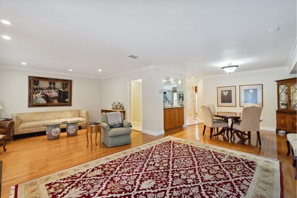 Dining room, Interior, Living room, Recessed Lighting, Wood Texture Flooring