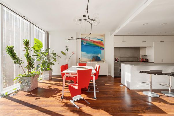 Dining room, Interior, Kitchen, Pendant Lights, Recessed Lighting, Wood Texture Flooring
