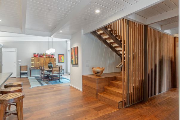 Dining room, Interior, Pendant Lights, Recessed Lighting, Wood Texture Flooring
