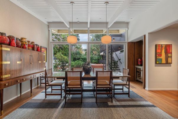 Dining room, Interior, Pendant Lights, Wood Texture Flooring