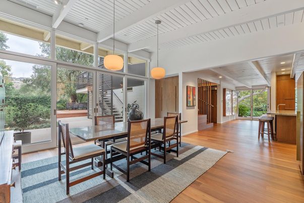 Dining room, Interior, Pendant Lights, Recessed Lighting, Wood Texture Flooring
