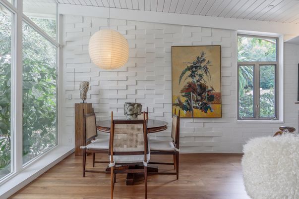 Dining room, Interior, Pendant Lights, Wood Texture Flooring