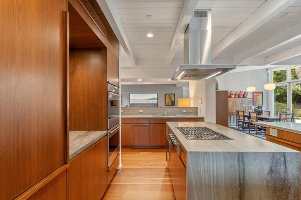 Dining room, Interior, Kitchen, Recessed Lighting, Stainless Steel Appliances, Wood Texture Flooring