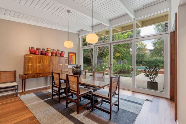 Dining room, Interior, Pendant Lights, Wood Texture Flooring