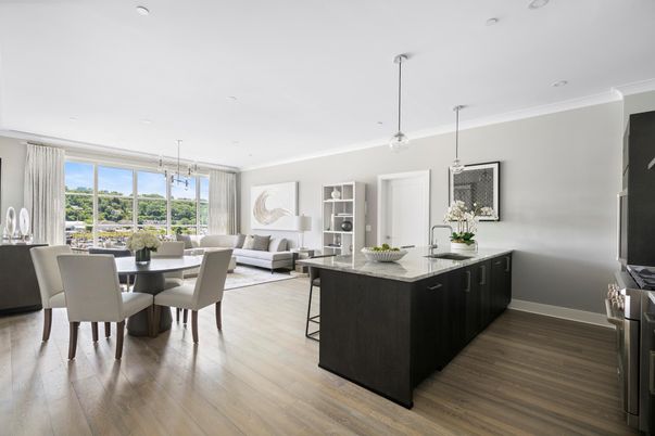 Dining room, Interior, Kitchen, Living room, Pendant Lights, Recessed Lighting, Wood Texture Flooring