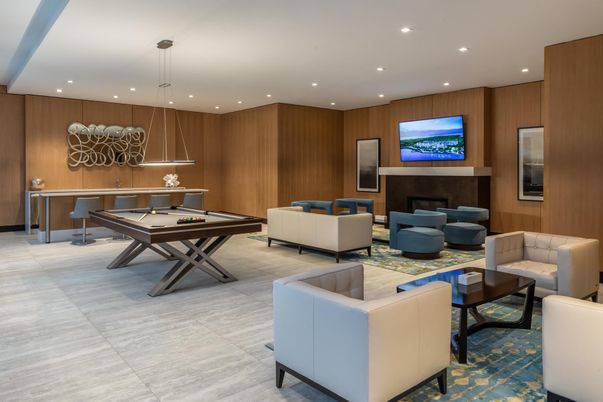 Billiard Table, Fireplace, Game Room, Interior, Living room, Pendant Lights, Recessed Lighting, Wooden Walls