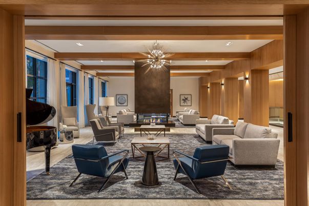 Fireplace, Interior, Living room, Piano, Recessed Lighting, Wooden Beams