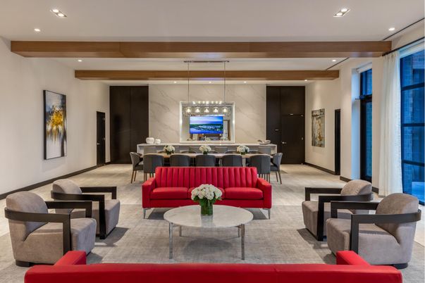 Dining room, Interior, Living room, Marble Walls, Pendant Lights, Recessed Lighting, Wooden Beams, Wood Texture Flooring