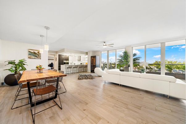 Dining room, Interior, Kitchen, Living room, Pendant Lights, Wood Texture Flooring