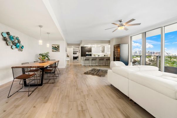 Dining room, Interior, Kitchen, Living room, Pendant Lights, Wood Texture Flooring