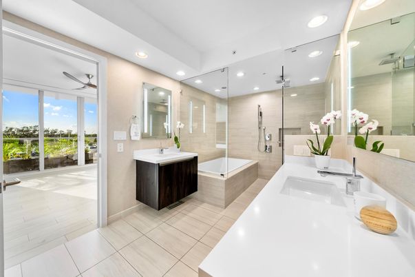 Bathroom, Dual Sink Vanities, Glass Shower, Interior, Recessed Lighting, Wood Texture Flooring