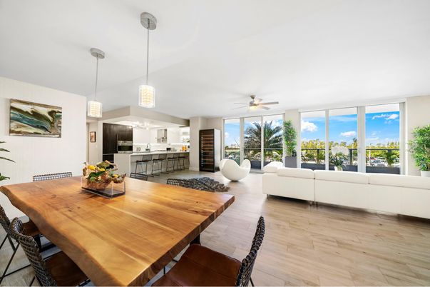 Dining room, Interior, Kitchen, Living room, Pendant Lights, Wood Texture Flooring