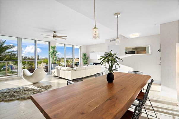 Dining room, Interior, Living room, Pendant Lights, Water, Wood Texture Flooring