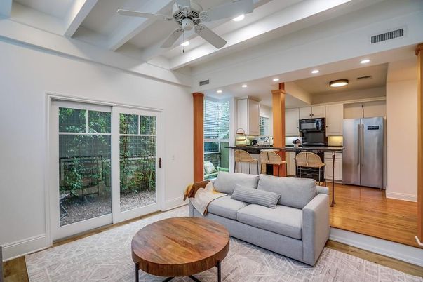 Interior, Kitchen, Living room, Recessed Lighting, Stainless Steel Appliances, Wood Texture Flooring