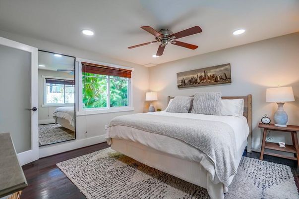 Bedroom, Interior, Recessed Lighting, Wood Texture Flooring