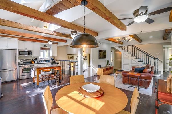 Dining room, Interior, Kitchen, Living room, Pendant Lights, Recessed Lighting, Stainless Steel Appliances, Wooden Beams, Wood Texture Flooring