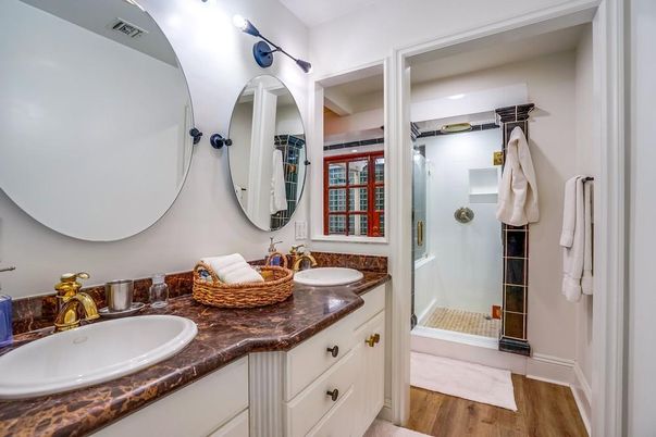Bathroom, Dual Sink Vanities, Glass Shower, Interior, Wood Texture Flooring