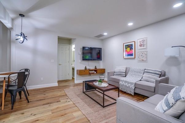 Dining room, Interior, Living room, Pendant Lights, Recessed Lighting, Wood Texture Flooring
