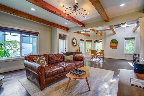 Dining room, Interior, Living room, Recessed Lighting, Wooden Beams, Wood Texture Flooring