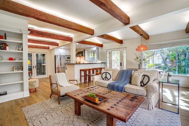 Interior, Kitchen, Living room, Pendant Lights, Stainless Steel Appliances, Wooden Beams, Wood Texture Flooring