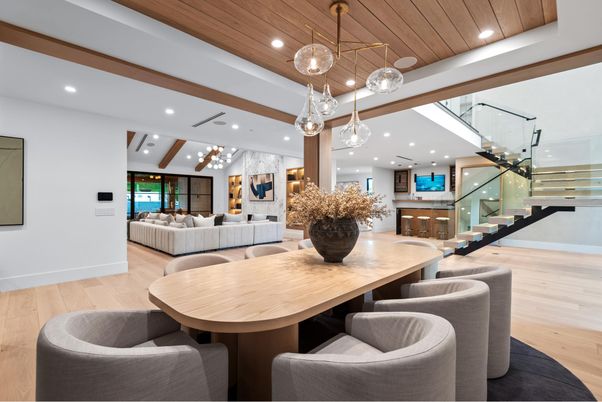 Dining room, Interior, Living room, Pendant Lights, Recessed Lighting, Wooden Ceilings, Wood Texture Flooring