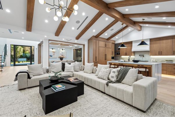 Interior, Kitchen, Living room, Pendant Lights, Recessed Lighting, Stainless Steel Appliances, Wooden Beams, Wood Texture Flooring