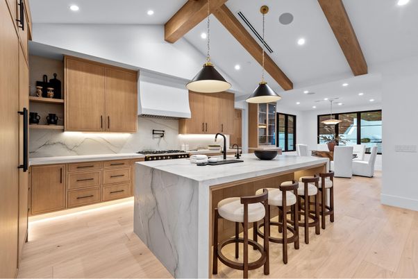 Dining room, Interior, Kitchen, Marble Walls, Pendant Lights, Recessed Lighting, Stainless Steel Appliances, Wooden Beams, Wood Texture Flooring