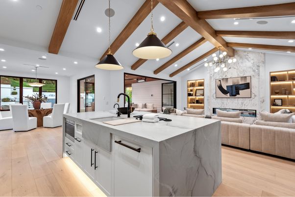 Dining room, Interior, Kitchen, Living room, Pendant Lights, Recessed Lighting, Wooden Beams, Wood Texture Flooring