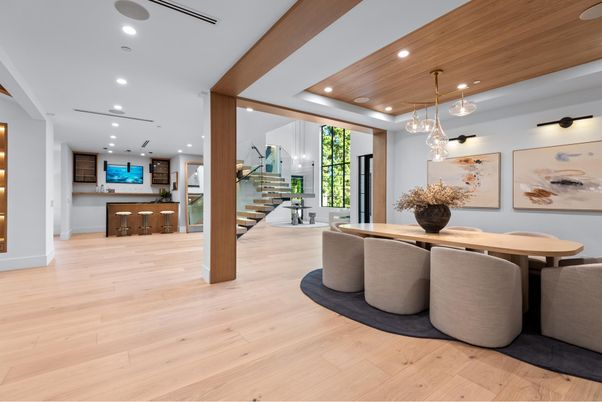 Dining room, Interior, Pendant Lights, Recessed Lighting, Wooden Ceilings, Wood Texture Flooring